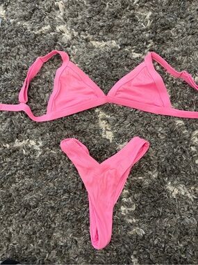 Women's Pink Ribbed Triangle Bikini Set